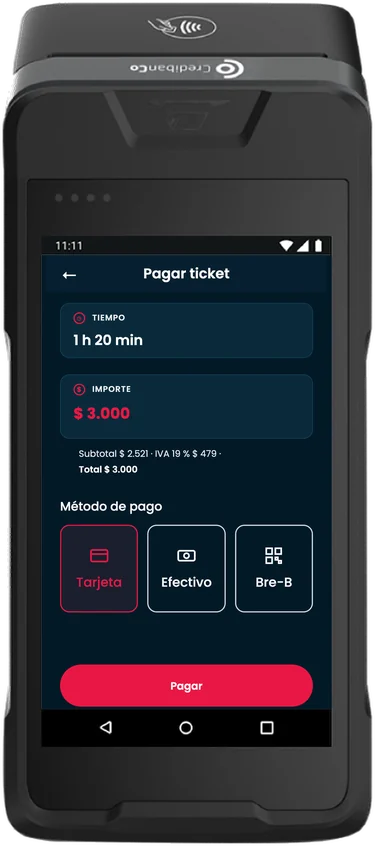 Datáfono Inteligente Credibanco con Ticket Point. Pantalla ilustrativa con datos ficticios: pagar ticket de $ 3.000 con IVA y métodos tarjeta, efectivo y Bre-B.