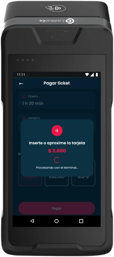 Ticket Point en el Datáfono Inteligente Credibanco. Pantalla ilustrativa con datos ficticios: cobro con tarjeta de $ 3.000.