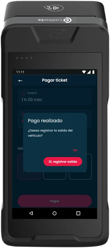 Datáfono Inteligente Credibanco con Ticket Point. Pantalla ilustrativa con datos ficticios: pago realizado y opción de registrar la salida del vehículo.