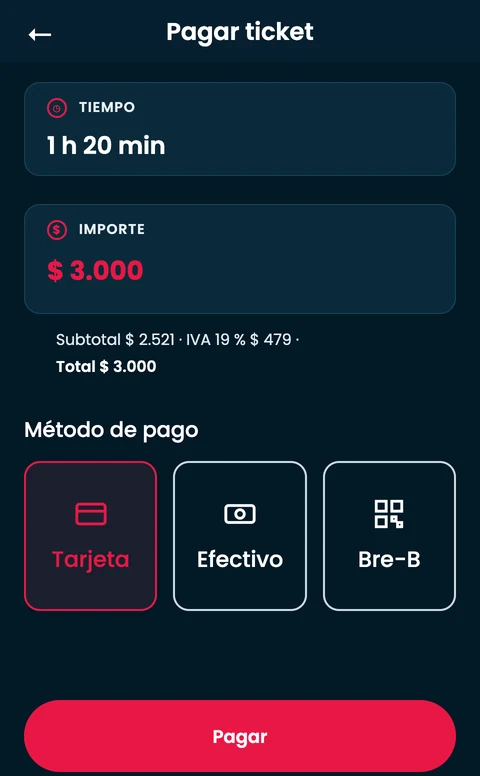 Pantalla ilustrativa de Ticket Point con datos ficticios: importe con IVA y selección del método de pago.